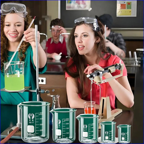 Five Size Upgraded Glass Beaker Set 25ml 50ml 100ml 250ml 500ml With 3.3 Borosilicate Lab Grade Glassware in classroom experiment