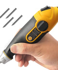 Heavy Duty Handheld Engraver Pen With 24 Watt Motor And Dead Simple Speed Dial For Slick Wood Metal Glass Marking Plus Soft Rubber Grip And Killer Replacement Bits in hand with four tungsten tips.