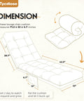 Illustration of outdoor lounge chair cushion, 71x22x4.7 inches, cream color, showing folding design and dimensions