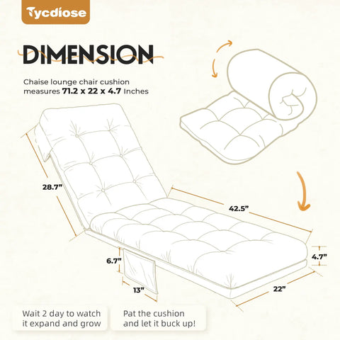 Illustration of outdoor lounge chair cushion, 71x22x4.7 inches, cream color, showing folding design and dimensions