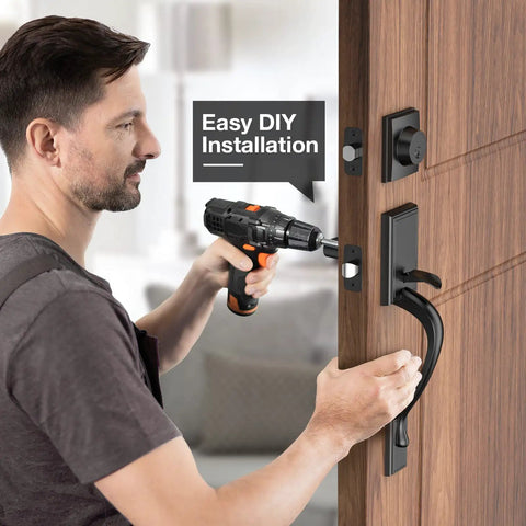 Matte Black Double Door Handle Set With Lever And Keyed Entry For Exterior Front And Back Doors, Reversible Single Cylinder Lockset