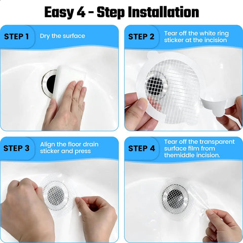 Game Changing Disposable Shower Drain Hair Catcher With Slick Peel And Stick Adhesive For No Worries Bathroom Tub Filter Upkeep And Super Reliable Daily Hair Clog Prevention 30 Pack installation steps with hands applying drain hair catcher.
