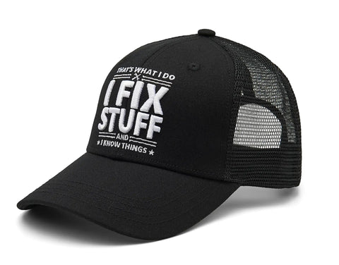 I Fix Stuff And I Know Things Dad Hat - 3D Embroidered Cotton Baseball Cap for Men, angled view showing mesh back