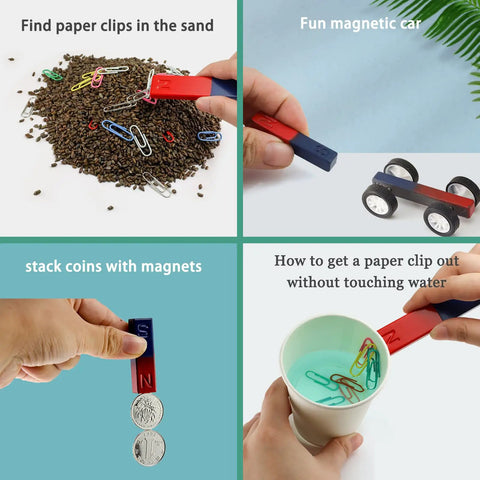 Hands holding Two Pack Kid-Friendly Bar Magnets For Kids with Clear North and South Poles, demonstrating hands-on science experiments.