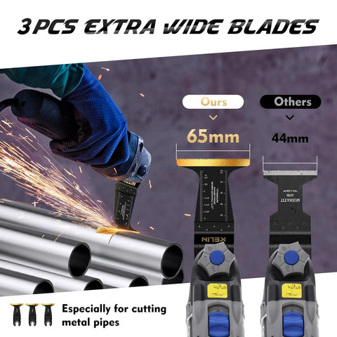 KELIN 65mm titanium oscillating tool blade for metal cutting; front view with sparks and metal pipes