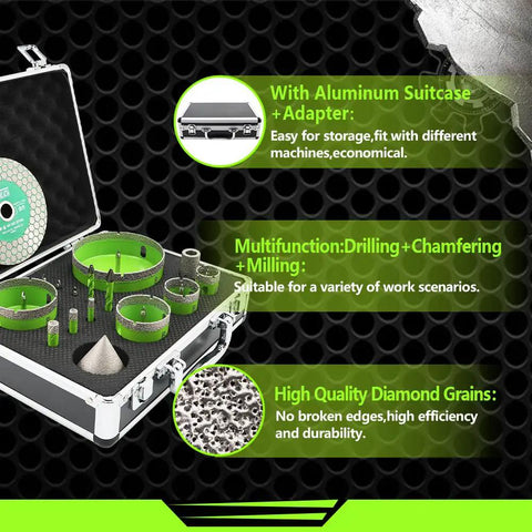 Built Tough Diamond Tile Hole Saw Kit 16 Piece Core Drill Set For Concrete Masonry Brick Tri Shank Multi Size Cutter in aluminum case.