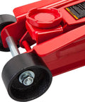 Close-up view of the Heavy Duty Hydraulic Low Profile Floor Jack With Quick Lift Pump, 2.5 Ton Capacity, Trolley Style For Sedans, Durable Steel Construction, Single Piston Lift, Lifts From 3.33 Inches To 15 Inches, Red showing its wheels and lifting mechanism.
