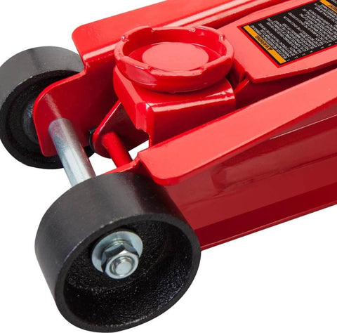 Close-up view of the Heavy Duty Hydraulic Low Profile Floor Jack With Quick Lift Pump, 2.5 Ton Capacity, Trolley Style For Sedans, Durable Steel Construction, Single Piston Lift, Lifts From 3.33 Inches To 15 Inches, Red showing its wheels and lifting mechanism.
