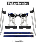 Adjustable Drywall Stilts 15 To 23 Inches Aluminum Lift components laid out with parts and straps, silver color.