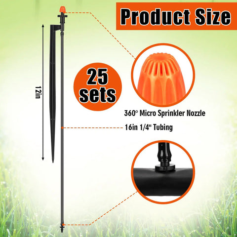 Diagram of All In One Drip Irrigation Kit 25 Pack with 360 Degree Micro Spray Heads, 12 Inch Stakes, and 16 Inch 1/4 Inch Tubing