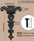 Antique T Strap Hinge Set Four Pieces Black Zinc Alloy Hinges with dimensions illustrated, including mounting screws for furniture.