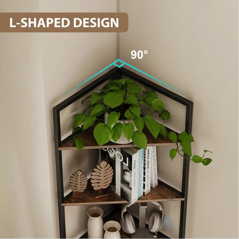 Six Tier Corner Bookshelf With Industrial Metal Frame And Engineered Wood Shelves featuring plants and books at the top