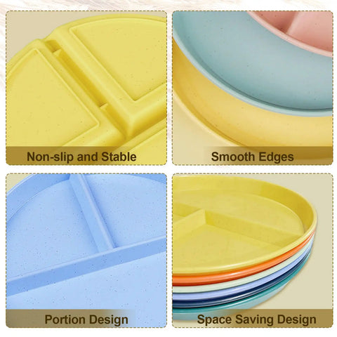 Set Of 8 Unbreakable 9 Inch Divided Plates For Adults With Portion Control, BPA Free Plastic Dinner Plates in various colors