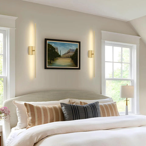 Bedroom with Dope Battery Operated Wall Sconce Set Of Two With Remote Control Dimmable 3000K-6000K Gold Finish on each side of bed.