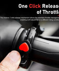Heavy Duty Motorcycle Throttle Lock With Anti Slip Cushion Grip That Provides Dead Simple Cruise Control For Chill Highway Rolling On Street Bikes Scooters And E Bikes To Spare Your Wrists close-up of one-click throttle release mechanism on handlebar.