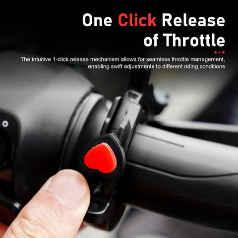 Heavy Duty Motorcycle Throttle Lock With Anti Slip Cushion Grip That Provides Dead Simple Cruise Control For Chill Highway Rolling On Street Bikes Scooters And E Bikes To Spare Your Wrists close-up of one-click throttle release mechanism on handlebar.