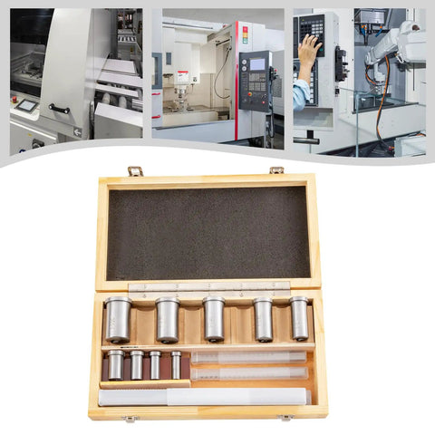 18Pcs Keyway Broach Set For Lathe Tools with wooden case open revealing broaches, bushings, and shims for steel and iron cutting