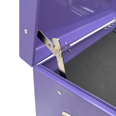 Portable Metal Tool Chest With 9 Drawers 24 Inch Cabinet Ball Bearing Drawer Slides Locking Central Cam Full Length Hinge Steel Tool Storage Box Organizer Purple, close-up of hinge and interior