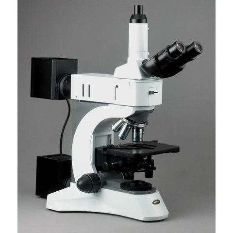1000X Metallurgical Microscope With Darkfield And Polarizing, Infinity Plan Achromatic Optics, Ten Magnification Settings Up To 1000X, 100W Halogen Illumination For Epi And Transmitted Light, Perfect For Metallurgy Pros And Materials Labs. upright microscope with binocular head and stage