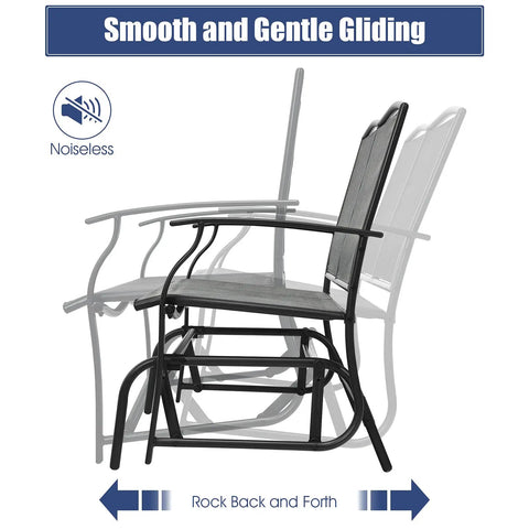Outdoor Glider Bench For Patio And Backyard With Steel Frame That Handles 400 Lbs Two Person Loveseat Swing Rocker Great For Poolside Lawn Balcony And Porch Hangouts Gray, side view showcasing rock back and forth feature.
