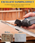 Front view: sanding bit for rotary tool with 1/8 in shank aluminum oxide smoothing rust on metal strip.