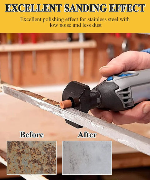 Front view: sanding bit for rotary tool with 1/8 in shank aluminum oxide smoothing rust on metal strip.