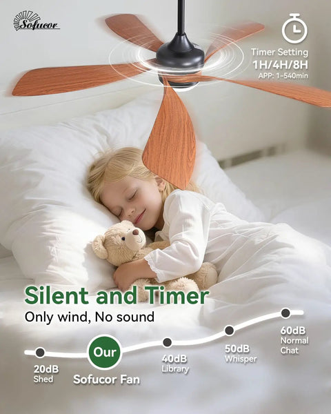 Child sleeping under a 52 Inch Smart Ceiling Fan with Lights and Remote for indoor and outdoor use, timer settings visible.