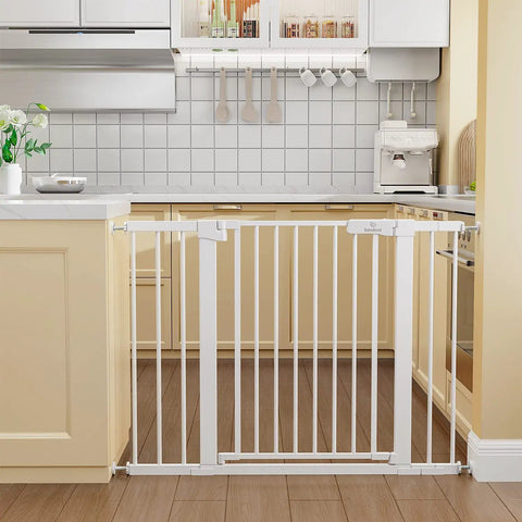 Extra Wide Baby Gate For Stairs And Doorways 27 To 43 Inches Auto Close Safety Gate with extenders in a kitchen entryway