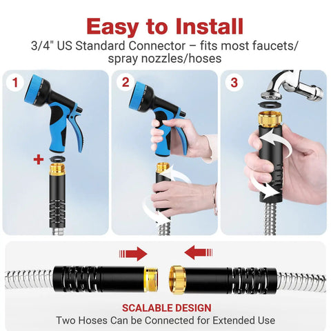 Diagram showing the 100 Ft Stainless Steel Garden Hose No Kinks And Leak Proof Flexible Water Hose installation steps.