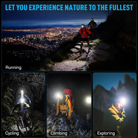 Rechargeable Headlamp With 99000 Lux Brightness 9000mAh Battery used for running, cycling, climbing, and exploring at night
