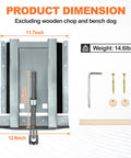 Heavy Duty Adjustable Woodworking Vise For Custom Workbenches Up To 23 Inches Thick showing dimensions, 14.6 lbs weight, and hardware parts.