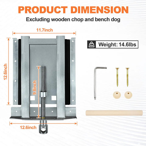 Heavy Duty Adjustable Woodworking Vise For Custom Workbenches Up To 23 Inches Thick showing dimensions, 14.6 lbs weight, and hardware parts.