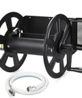 Heavy Duty Wall Mounted Garden Hose Reel, Metal Construction, Holds 125 Feet Of 5 8 Inch Hose, Includes 3.9 Foot Water Supply Hose And Small Storage Basket