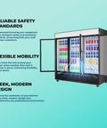 Eighty Inch Bulletproof Build Three Door Glass Merchandiser Refrigerator With Bright Led Lighting And Etl Certified Stainless Steel Exterior featuring open doors and colorful drinks inside.