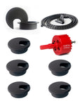 Six Pack Desk Grommet Hole Saw Kit 50 mm bi-metal with drill bit, hex key, cable sleeve, and six desk wire grommets