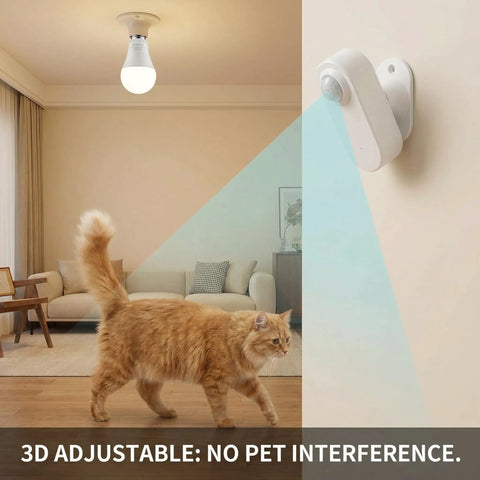 Detached Motion Sensor Light Bulb Kit With Split Design 60W Equivalent A19 LED 6000K Daylight White wall-mounted sensor lighting a cat in a living room