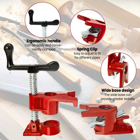 Heavy Duty 6 Pack 3/4 Inch Pipe Clamps With Solid Cast Iron Foot Design For Knockout Woodworking Gluing And Beast Mode Diy Carpentry Projects Built Like A Steel Tank, showing ergonomic handle and spring clip.