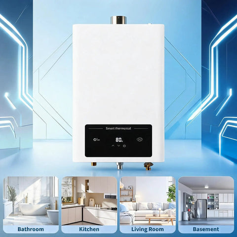 Ridiculously Fast Natural Gas Tankless Water Heater Dropping Instant Hot Water On Demand For Whole House Homes With Slick Digital Temperature Control and Zero Downtime Action displayed in modern kitchen setting.