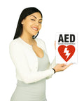 AED sign, 7x10 in, white panel with black AED text and red heart with lightning bolt