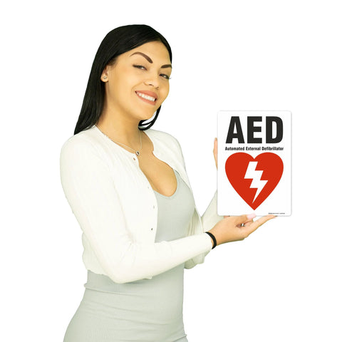 AED sign, 7x10 in, white panel with black AED text and red heart with lightning bolt