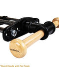Nine Inch Quick Release Workbench Front Vise With Heavy Duty Cast Iron Body showing 10 inch beech handle and flat finials.