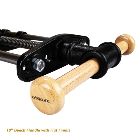 Nine Inch Quick Release Workbench Front Vise With Heavy Duty Cast Iron Body showing 10 inch beech handle and flat finials.