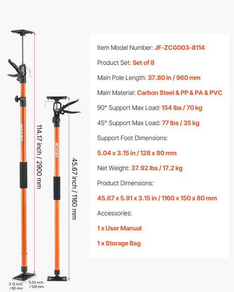 Front view of VEVOR cabinet jack support pole set (8-pack); orange steel telescoping rods with clamps for cabinet installation.