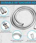 59 inch stainless steel hose for High Pressure Handheld Shower Head With 5 Settings, Boss Level Water Flow, with Teflon tape shown