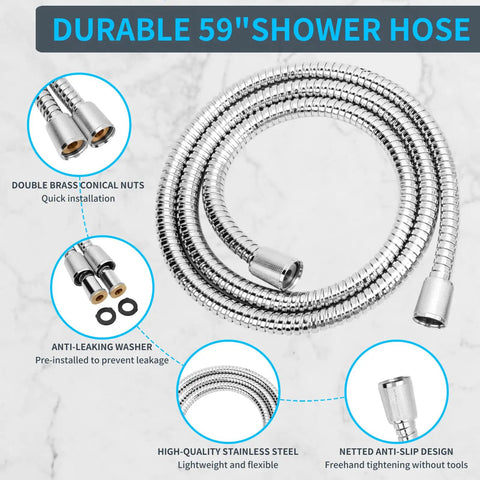 59 inch stainless steel hose for High Pressure Handheld Shower Head With 5 Settings, Boss Level Water Flow, with Teflon tape shown