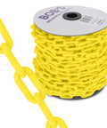 Yellow Plastic Barrier Chain For Safety And Crowd Control, 125 Feet Long And 2 Inches Wide, coiled on spool, close-up