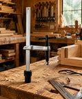Ratchet Insertion Table Clamp For Metalworking And Carpentry Benches, Boss Fastening Workshop Fixture That Holds Workpieces Solidly, T Bar Insert Clamp, 160x60 Base, 28mm, Alloy Steel Construction on a wood bench