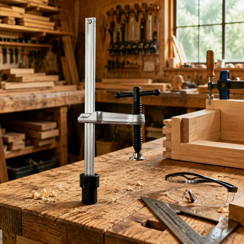 Insertion Clamp Fixture With Quick Release Ratchet Table Clamp For Rock Solid Workholding In Workshop Carpentry And Metalworking Hardened Steel Inserted Tool With 200x100 Base And 16mm T Bar on wood workbench