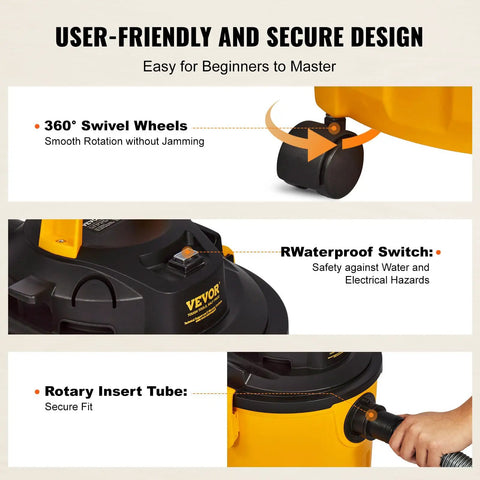 Five Gallon Wet Dry Shop Vacuum 60 CFM 6 HP Peak Power Beast Suction Portable 3 In 1 with 360° swivel wheels and waterproof switch