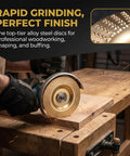 Worker using 3 Piece Woodworking Grinding And Polishing Disc Set with alloy steel wheels on wooden furniture.